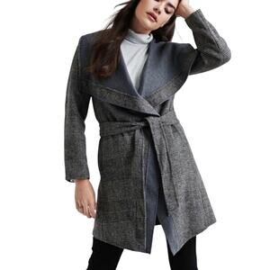 Lucky Brand Wool Blend Plaid Shawl Collar Wrap Belted Coat, Gray, Size Medium